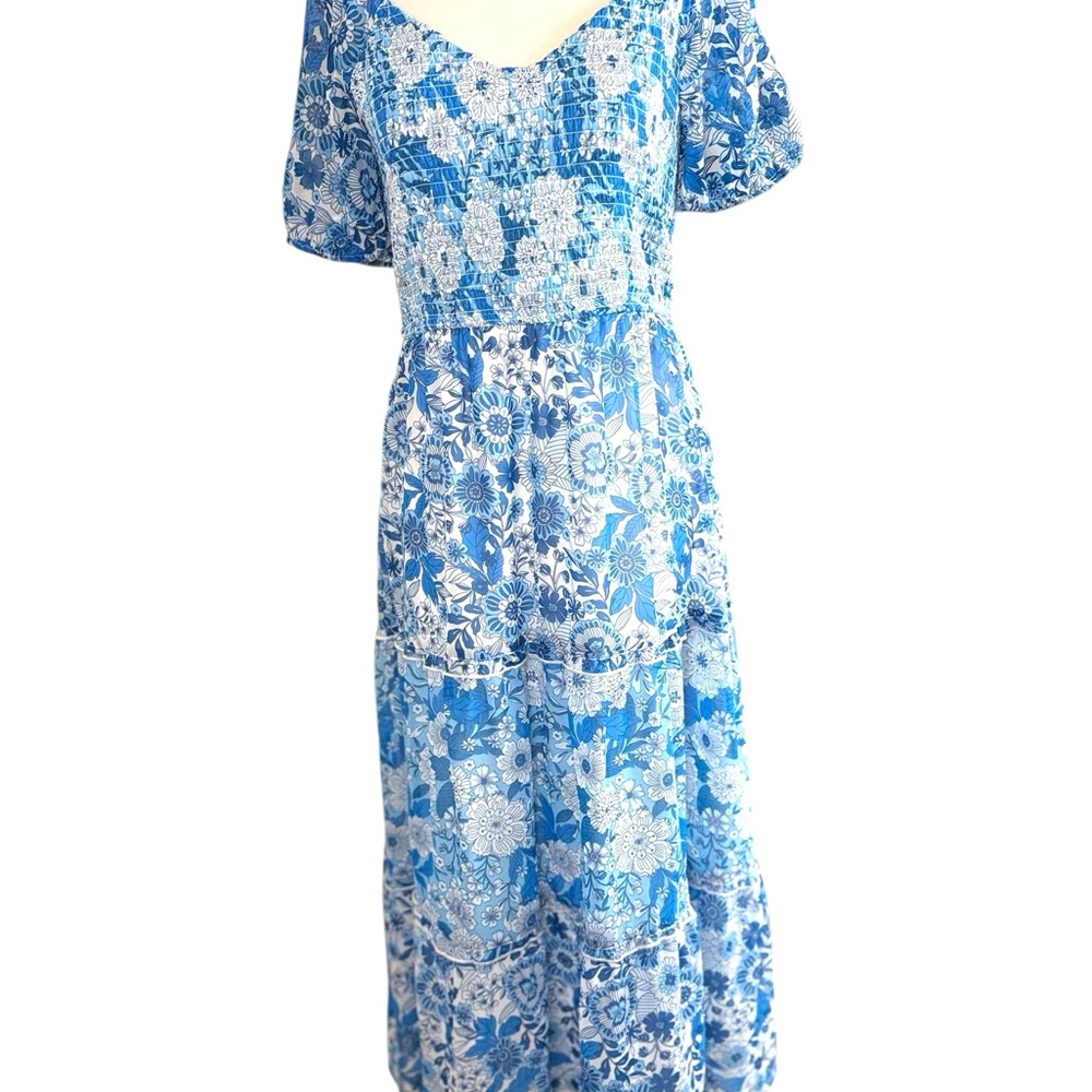 Sincerely Jules Blue and White Midi Sundress with Puff Sleeves